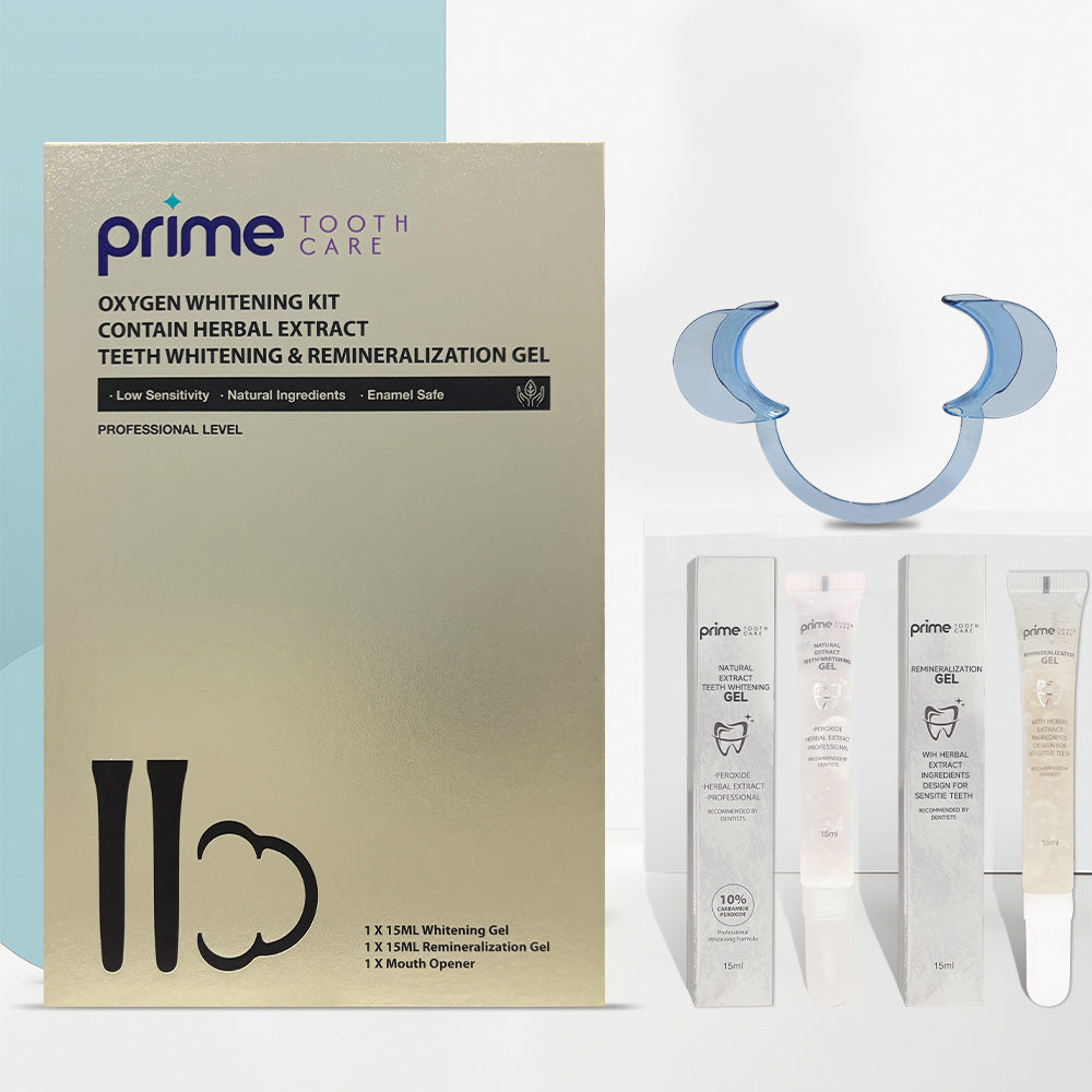 Oxygen whitening gel kit with 10% carbamide peroxide and herbal extracts for enamel remineralization