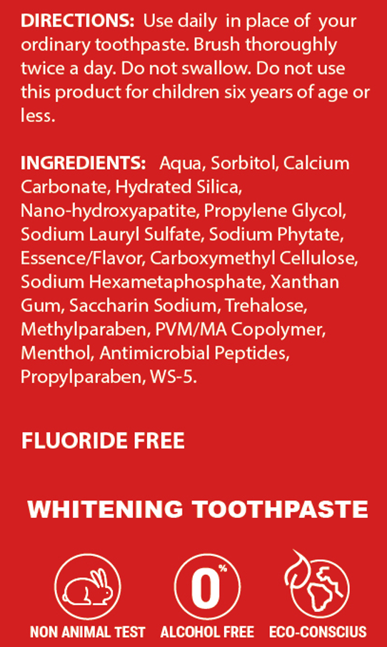 Whitening toothpaste label with directions, ingredients, and icons for fluoride free, oral care, and dental benefits.