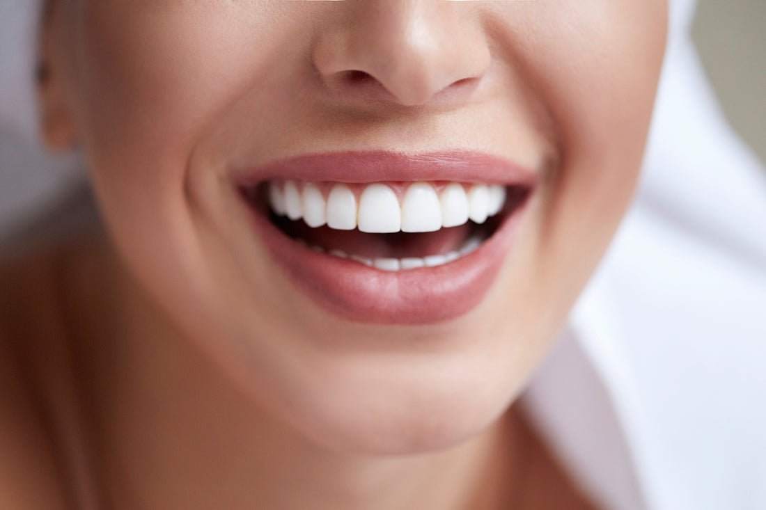 Close-up of a bright white smile showing healthy teeth and good oral care.